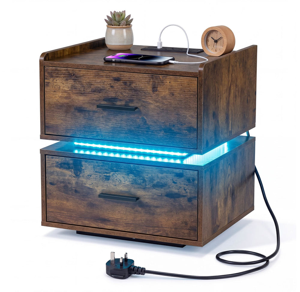 Nightstand with Charging Station and 2 Storage Drawers-Rustic Brown