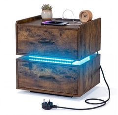 Nightstand with Charging Station and 2 Storage Drawers-Rustic Brown
