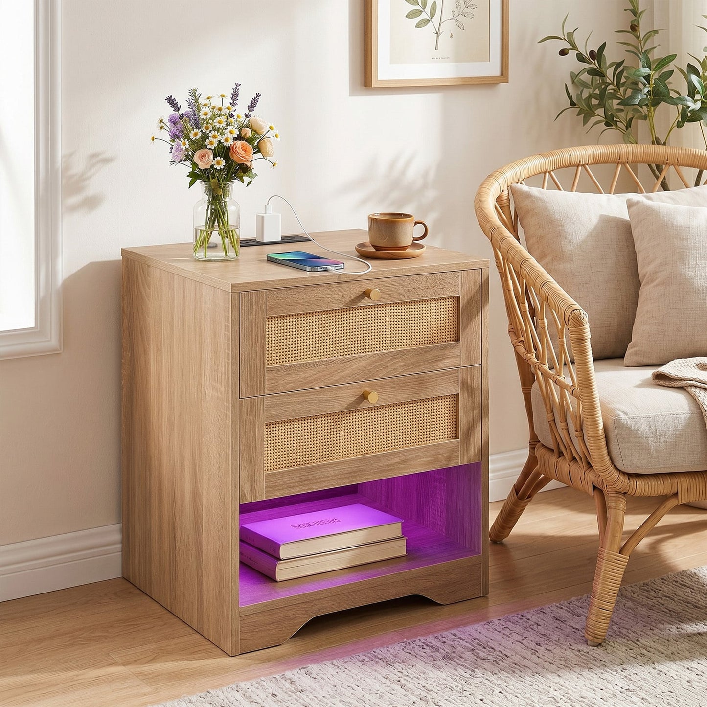 Nightstand with Charging Station and Open Storage for Bedroom-Oak