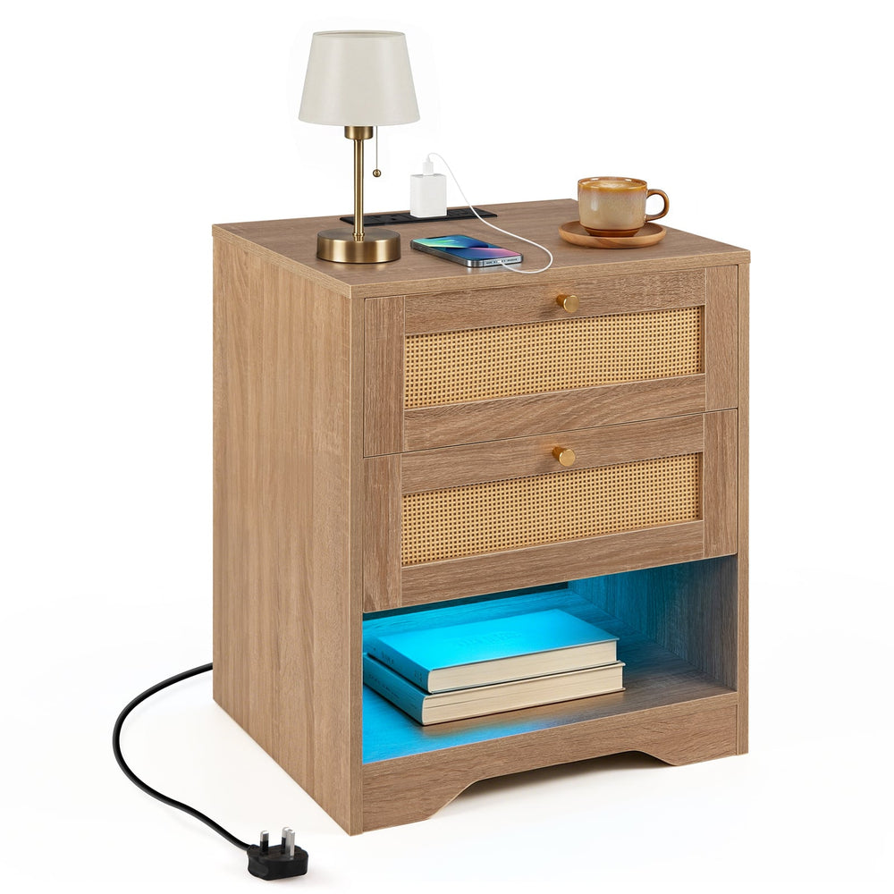 Nightstand with Charging Station and Open Storage for Bedroom-Oak