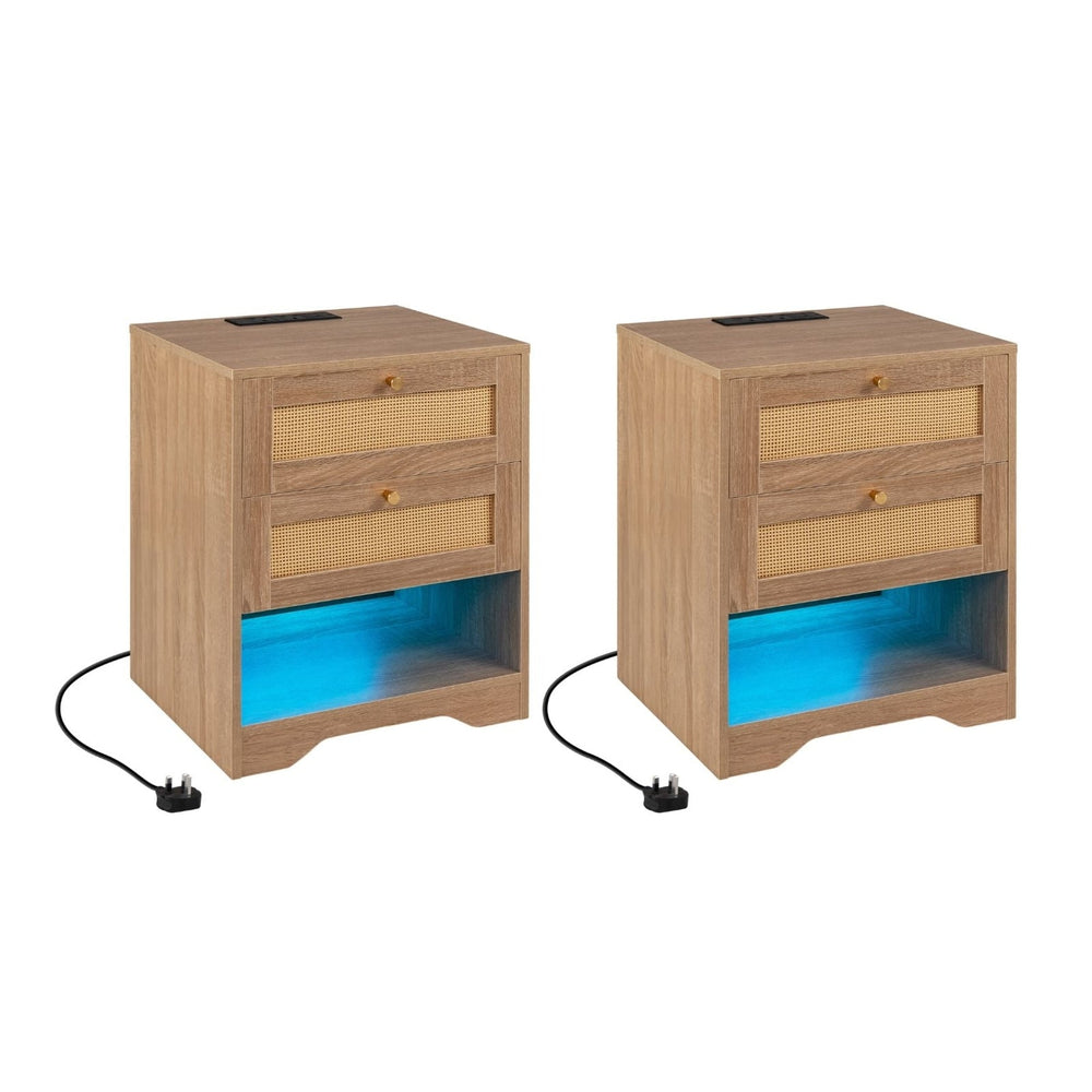 Nightstand with Charging Station and Open Storage for Bedroom Set of 2-oak