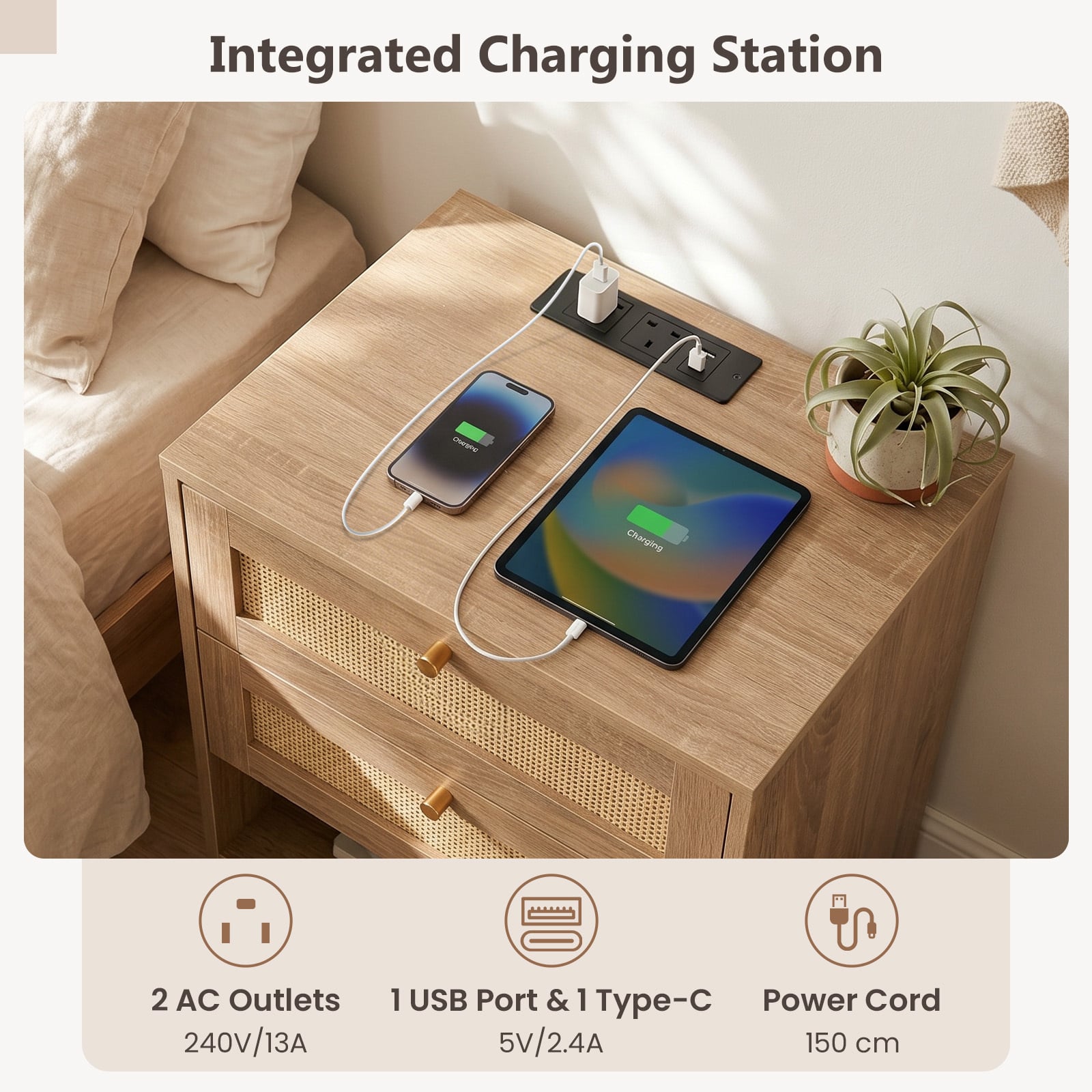 Nightstand with Charging Station and Open Storage for Bedroom Set of 2-oak