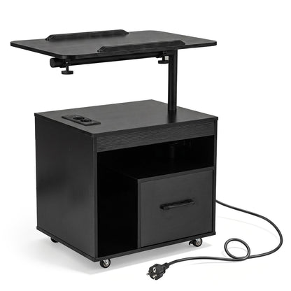 Nightstand with Charging Station and Rotatable Tabletop on Wheels for Bedroom-Black