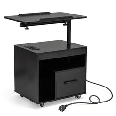 Nightstand with Charging Station and Rotatable Tabletop on Wheels for Bedroom-Black