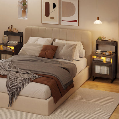 Nightstand with LED Lights Modern End Table with Top Tray-Grey