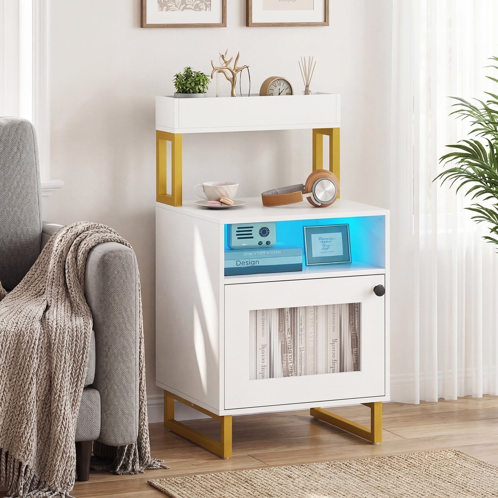 Nightstand with LED Lights Modern End Table with Top Tray-White