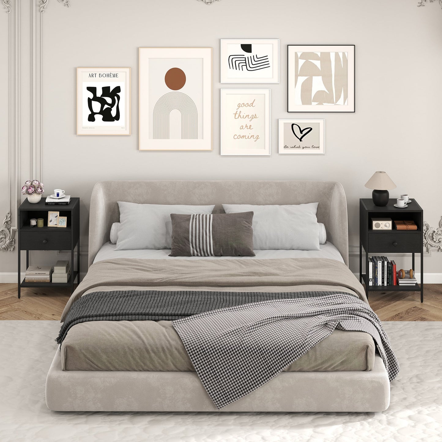 Nightstand with Open Compartment and Storage Shelf Set of 2-Black