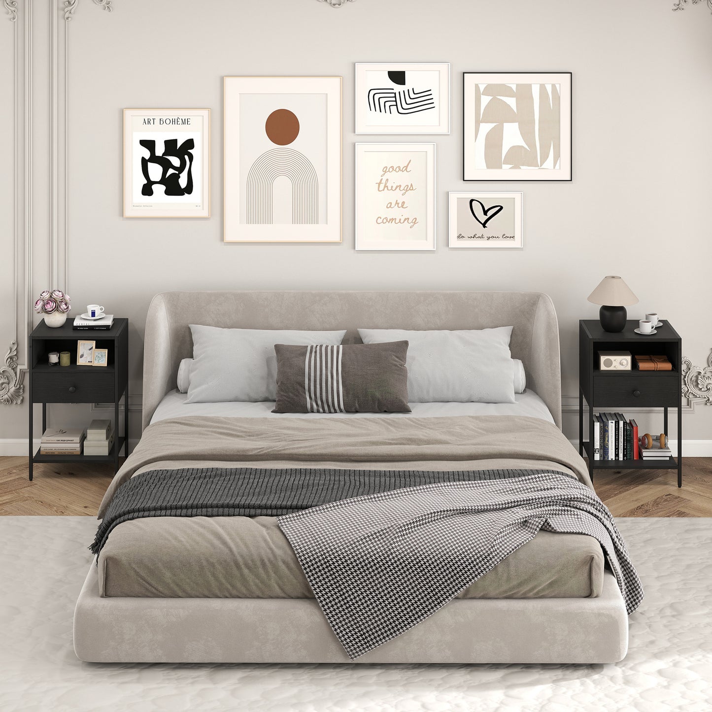 Nightstand with Open Compartment and Storage Shelf Set of 2-Black