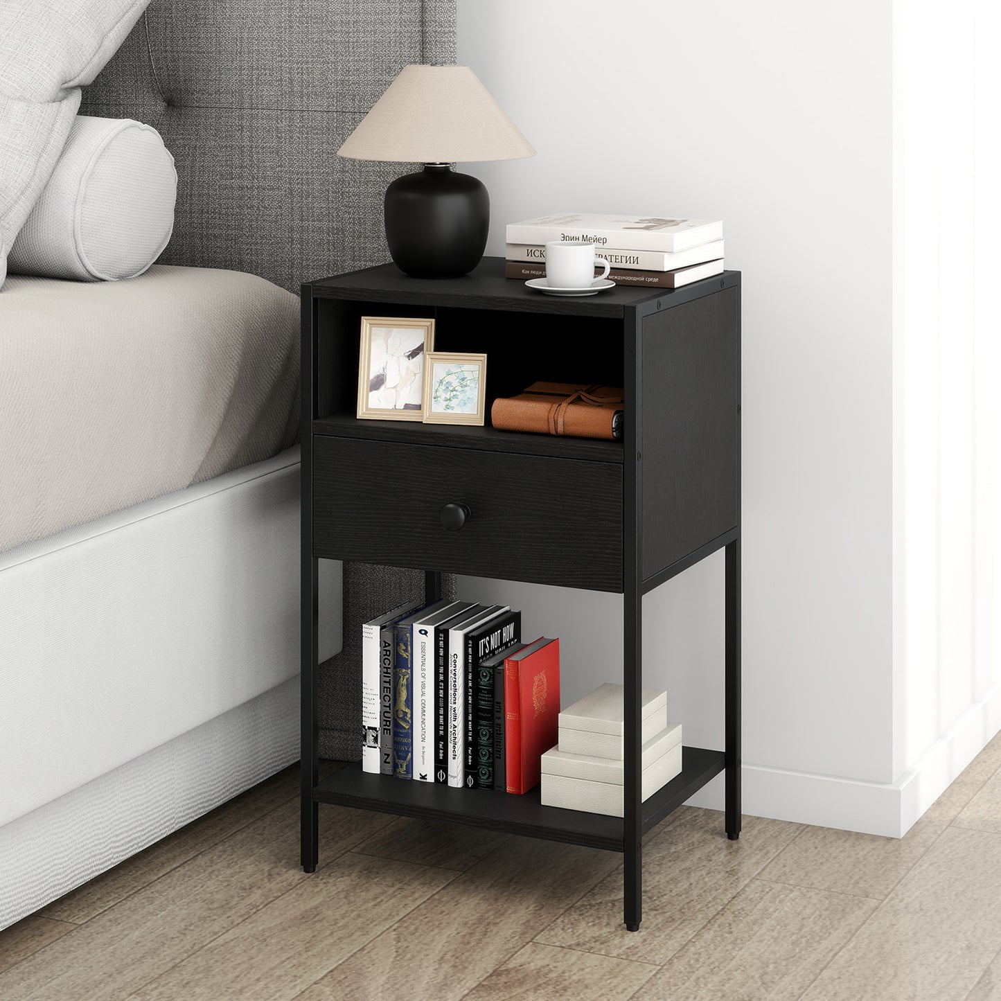 Nightstand with Open Compartment and Storage Shelf Set of 2-Black