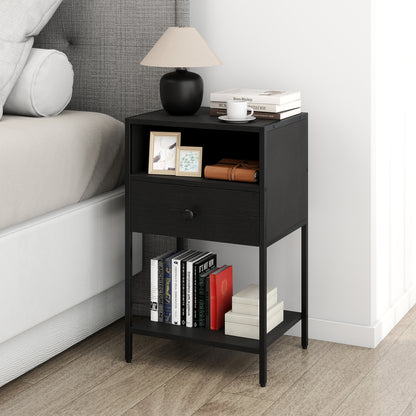 Nightstand with Open Compartment and Storage Shelf Set of 2-Black