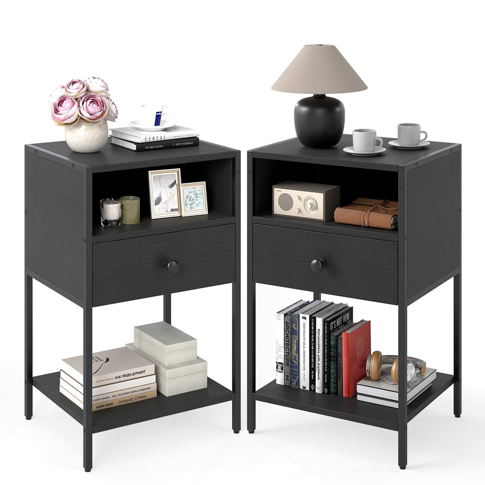 Nightstand with Open Compartment and Storage Shelf Set of 2-Black