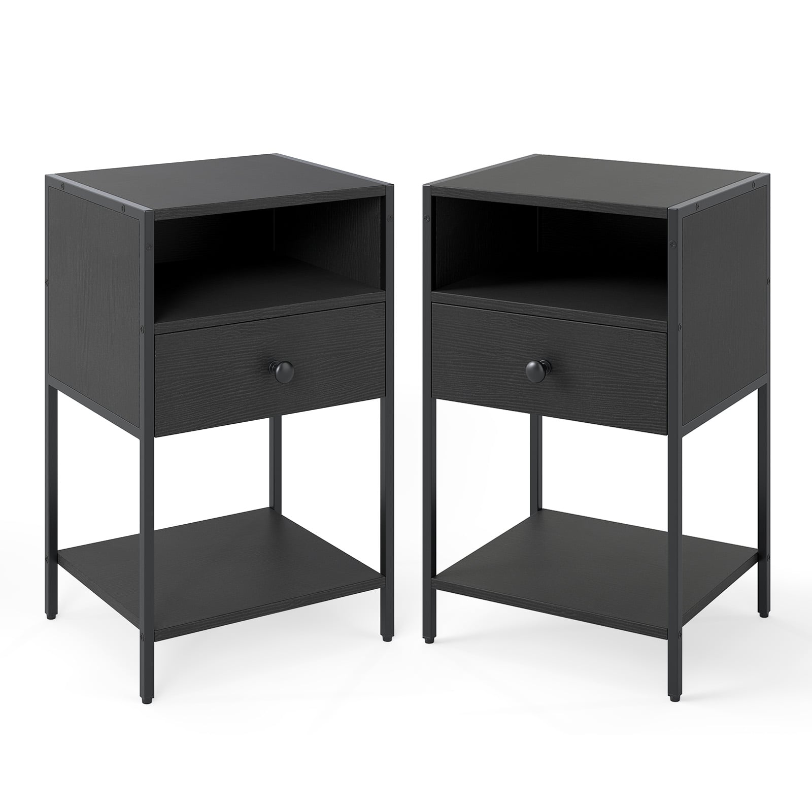 Nightstand with Open Compartment and Storage Shelf Set of 2-Black
