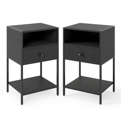 Nightstand with Open Compartment and Storage Shelf Set of 2-Black