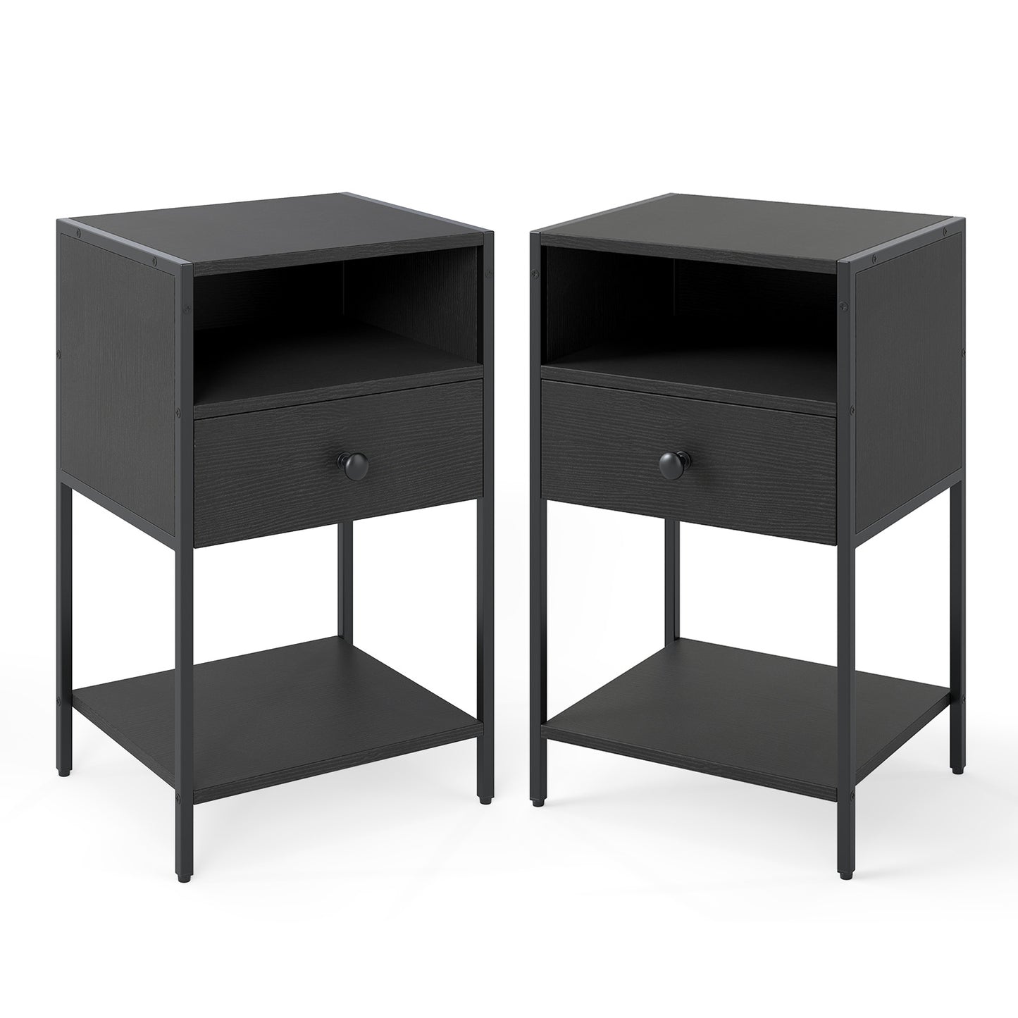 Nightstand with Open Compartment and Storage Shelf Set of 2-Black