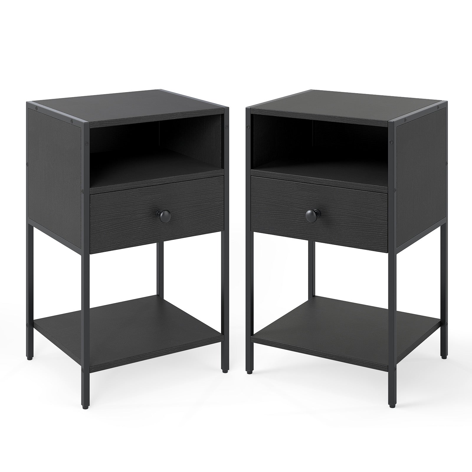 Nightstand with Open Compartment and Storage Shelf Set of 2-Black