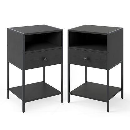 Nightstand with Open Compartment and Storage Shelf Set of 2-Black