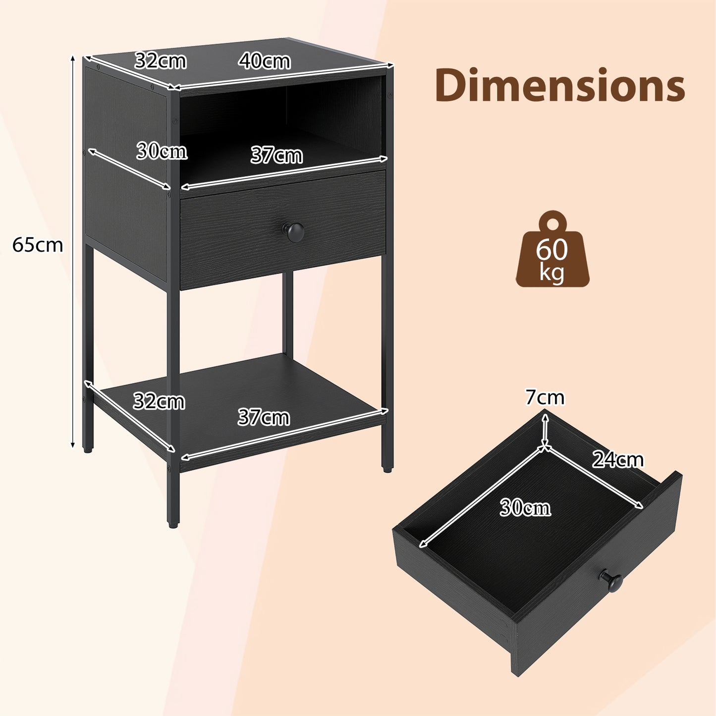 Nightstand with Open Compartment and Storage Shelf Set of 2-Black