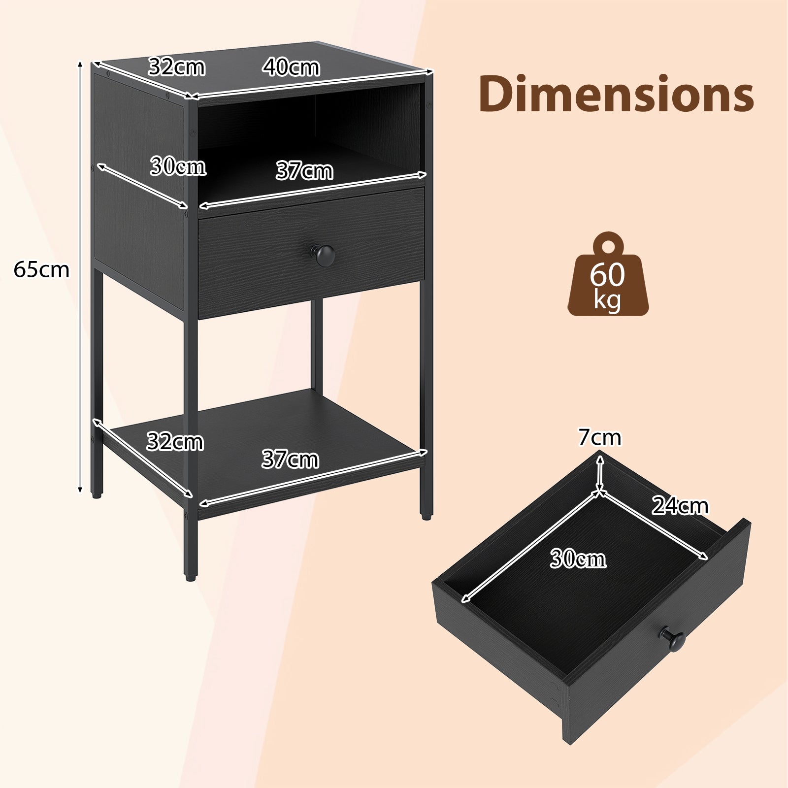 Nightstand with Open Compartment and Storage Shelf Set of 2-Black