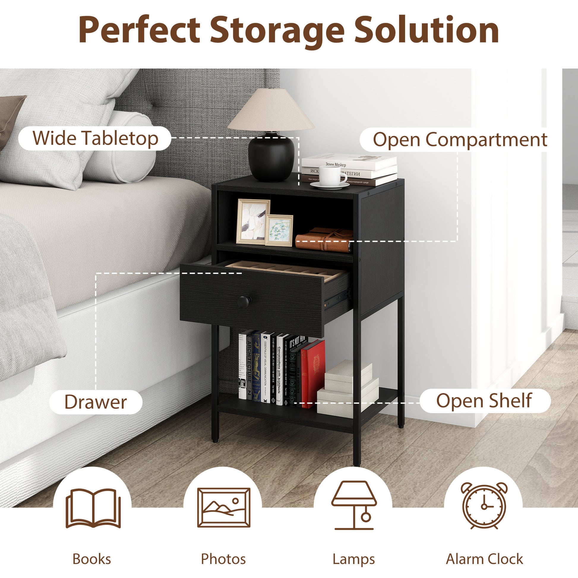 Nightstand with Open Compartment and Storage Shelf Set of 2-Black