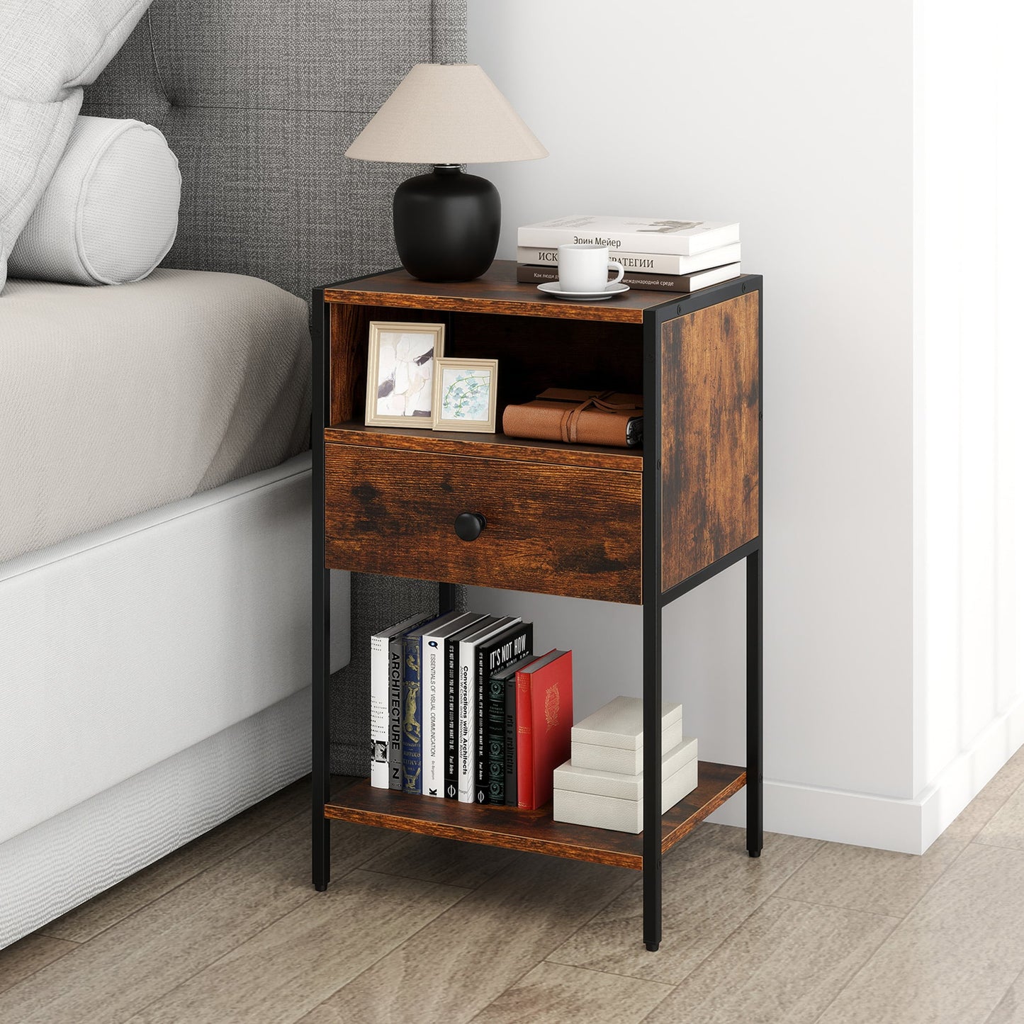 Nightstand with Open Compartment and Storage Shelf Set of 2-Rusticbrown