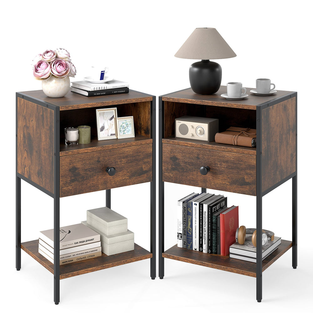 Nightstand with Open Compartment and Storage Shelf Set of 2-Rusticbrown