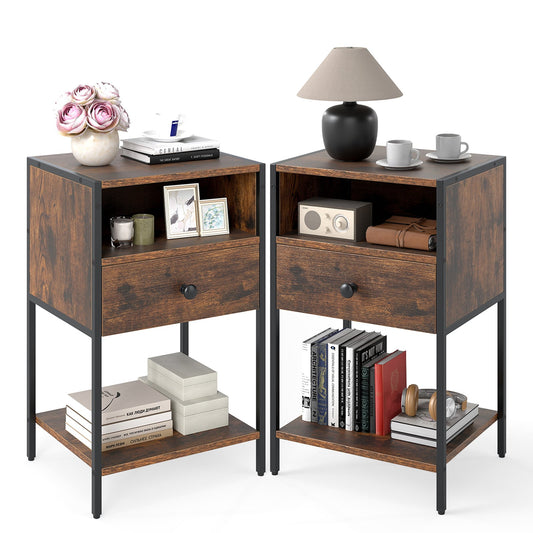 Nightstand with Open Compartment and Storage Shelf Set of 2-Rusticbrown