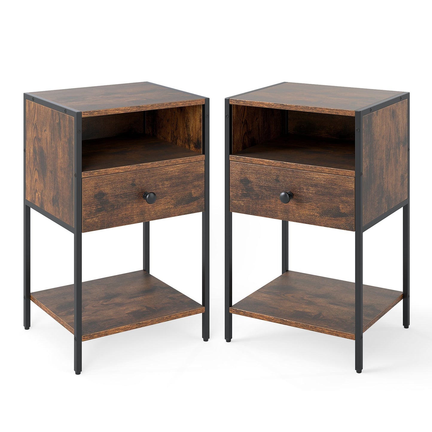 Nightstand with Open Compartment and Storage Shelf Set of 2-Rusticbrown