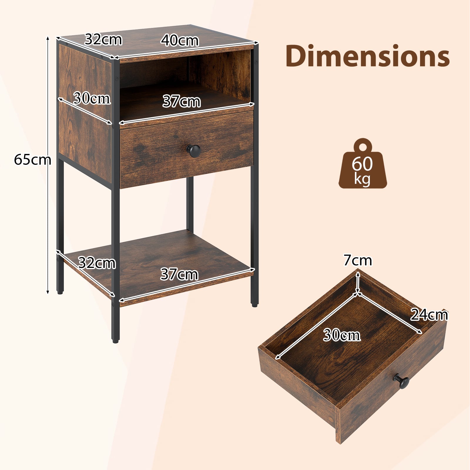 Nightstand with Open Compartment and Storage Shelf Set of 2-Rusticbrown