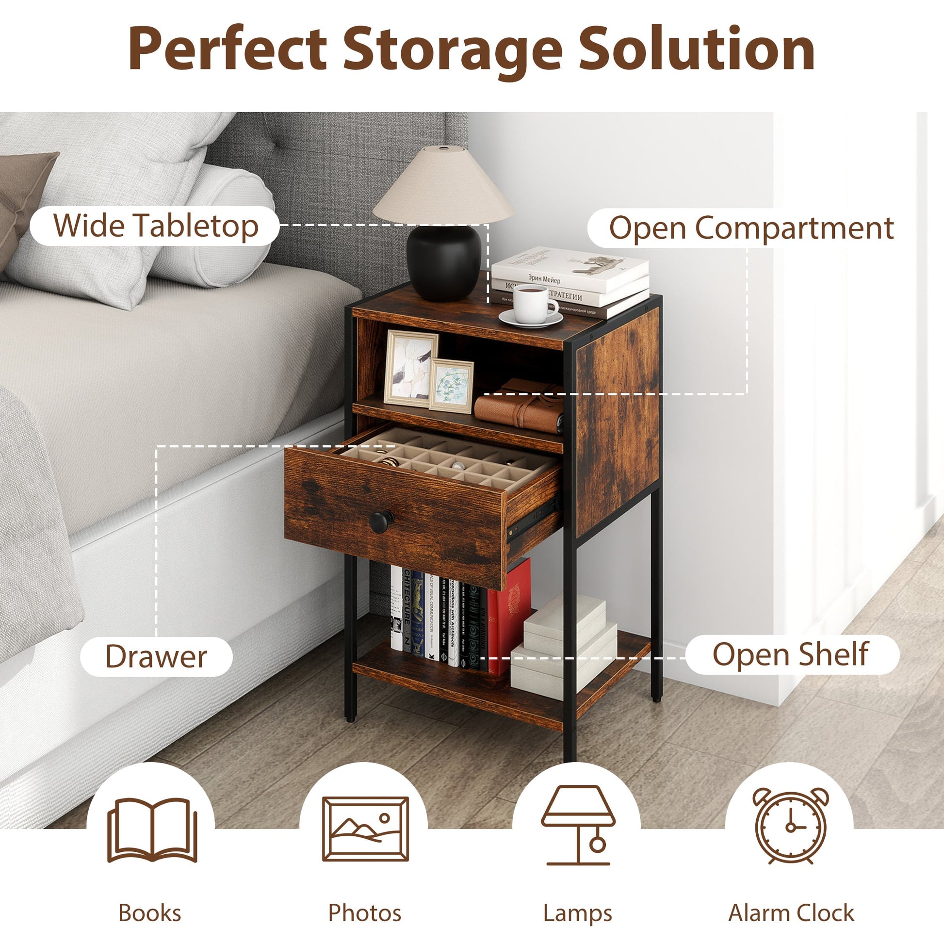 Nightstand with Open Compartment and Storage Shelf Set of 2-Rusticbrown