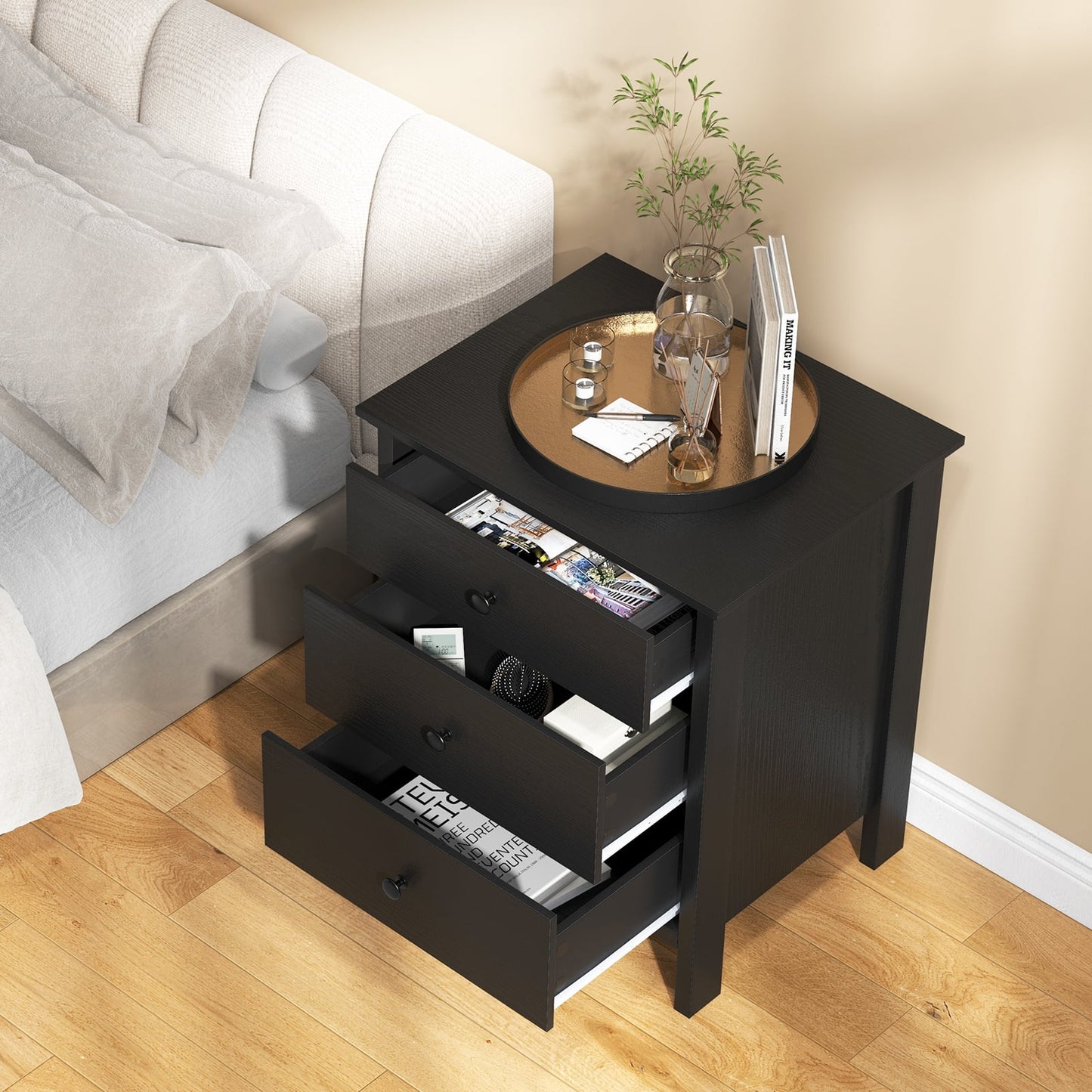 Nightstand with 3 Drawer for Bedroom Compact Storage Chest-Black