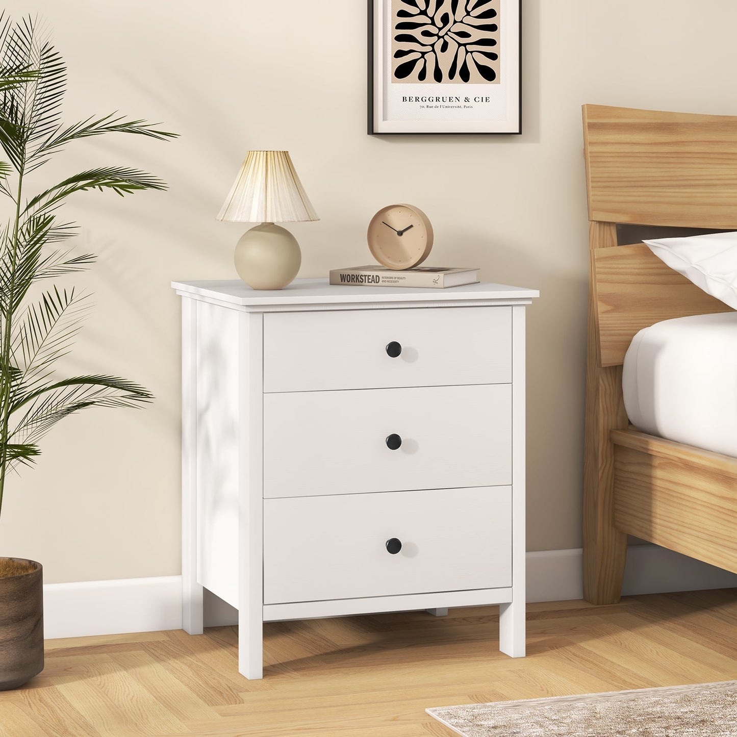 Nightstand with 3 Drawer for Bedroom Compact Storage Chest-White