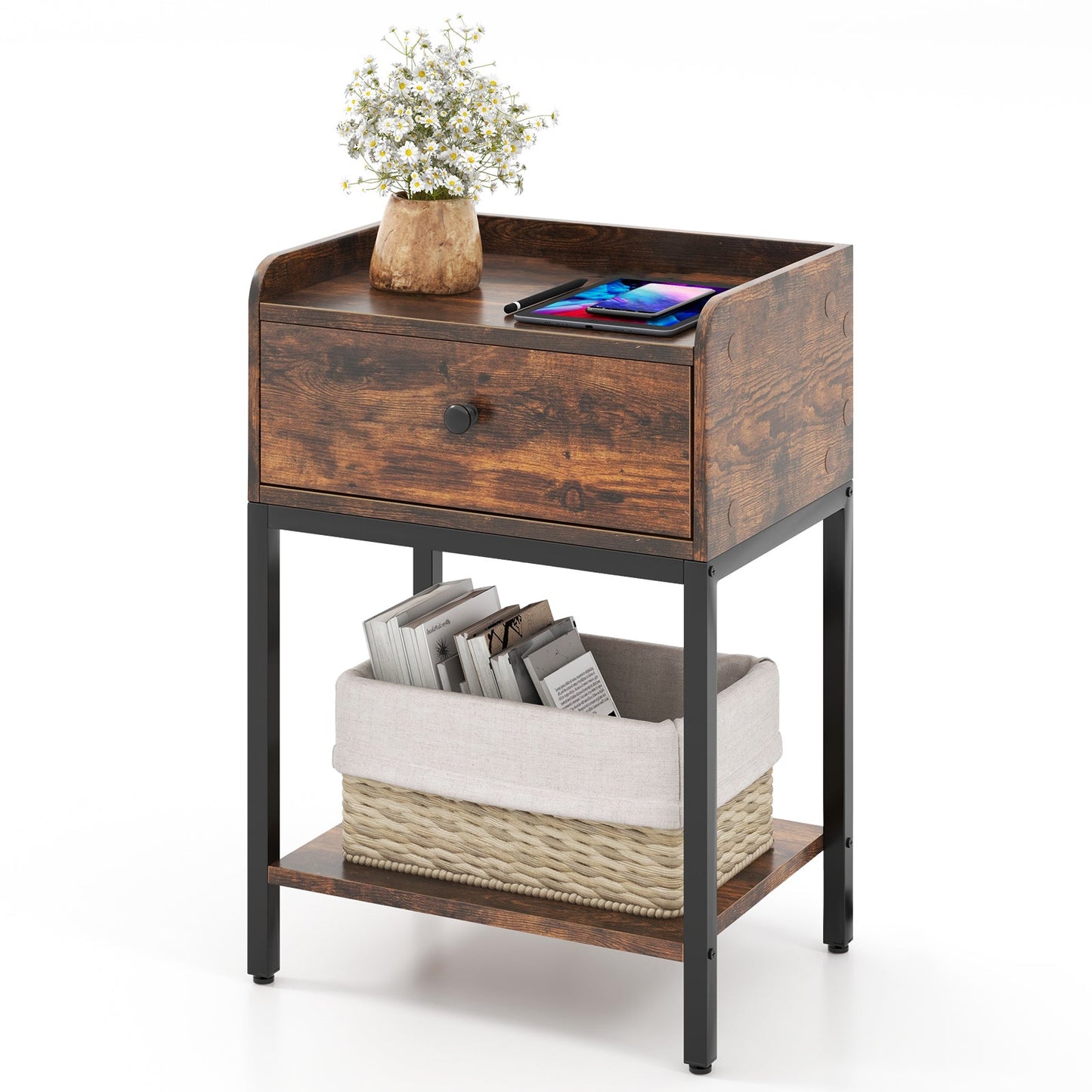 Industrial Bedside Table Nightstand with Drawer-Rustic Brown