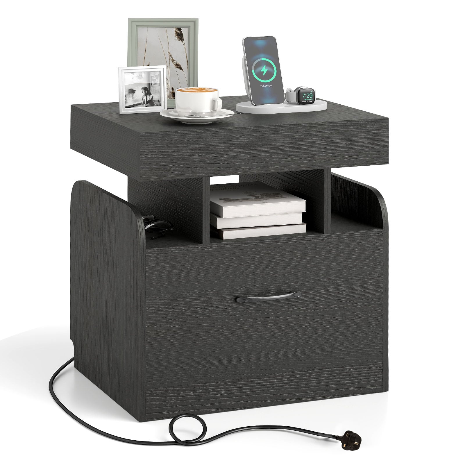 Nightstand with Charging Station with Drawer and Sliding Top Storage-Black