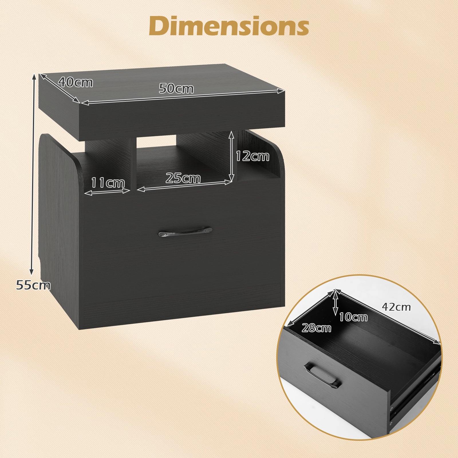 Nightstand with Charging Station with Drawer and Sliding Top Storage-Black