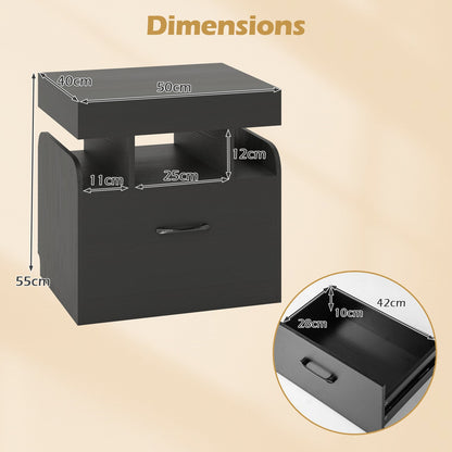 Nightstand with Charging Station with Drawer and Sliding Top Storage-Black