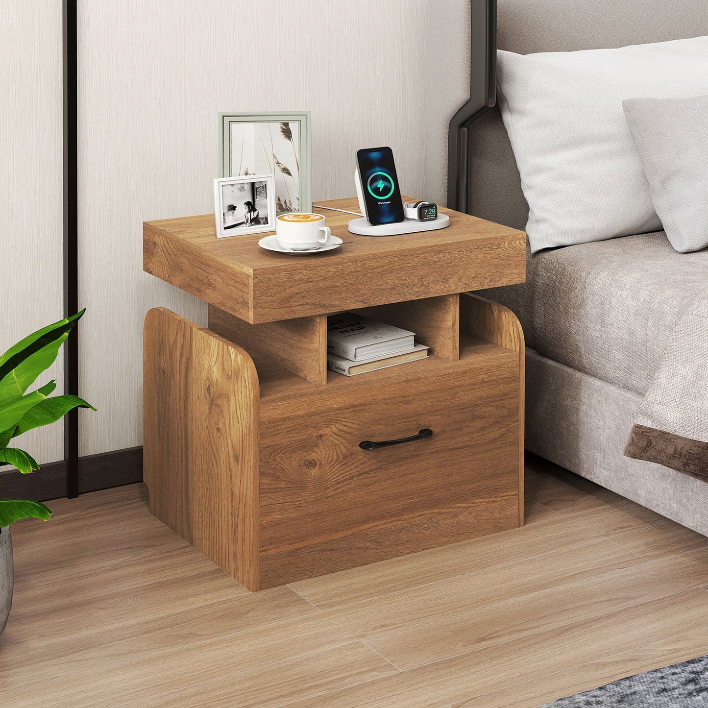 Nightstand with Charging Station with Drawer and Sliding Top Storage-Natural
