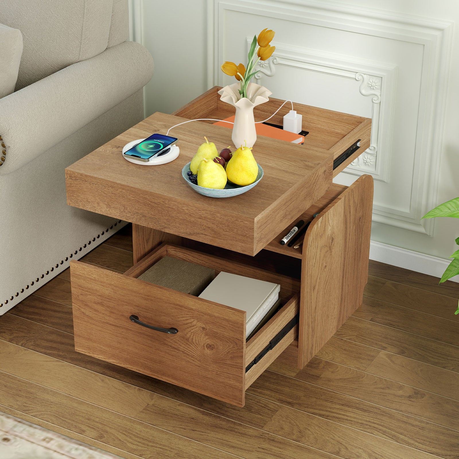 Nightstand with Charging Station with Drawer and Sliding Top Storage-Natural