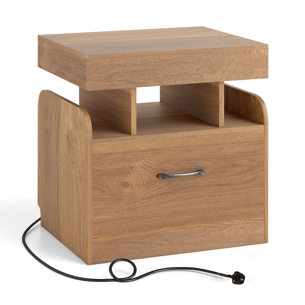Nightstand with Charging Station with Drawer and Sliding Top Storage-Natural