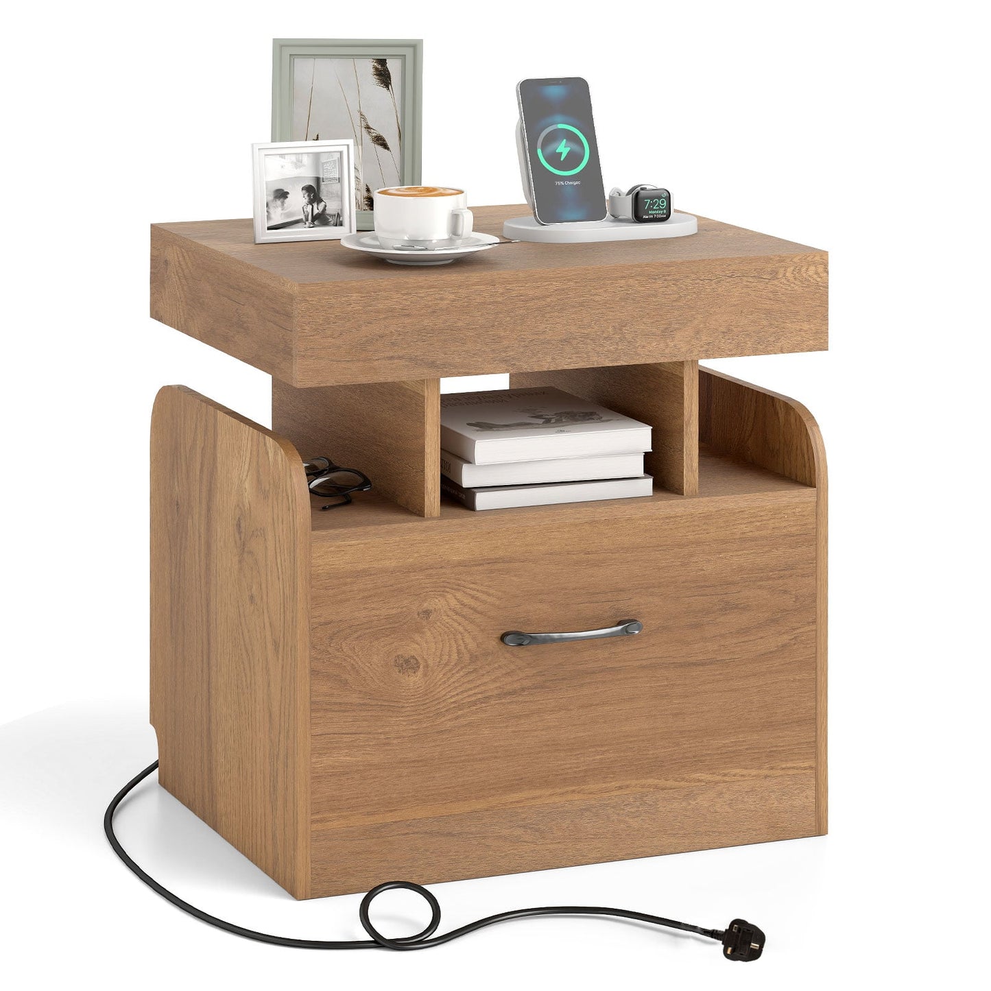 Nightstand with Charging Station with Drawer and Sliding Top Storage-Natural