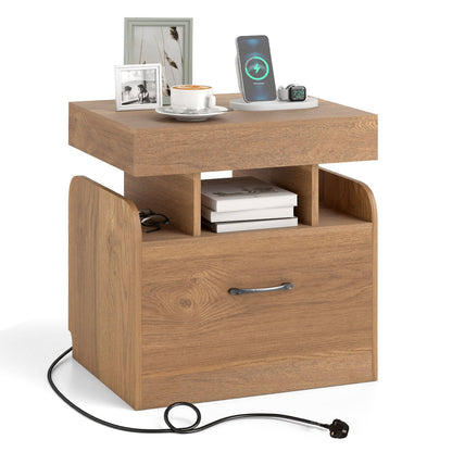 Nightstand with Charging Station with Drawer and Sliding Top Storage-Natural