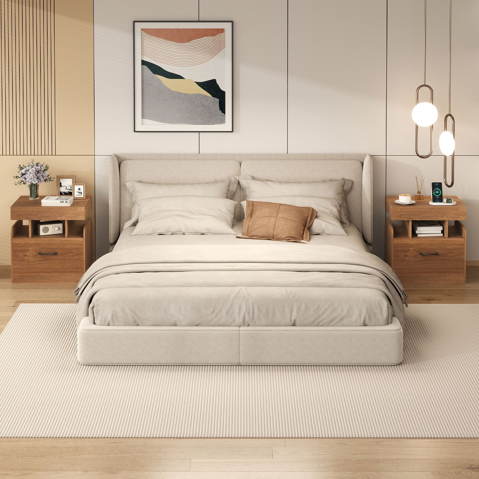 Nightstand with Charging Station with Drawer and Sliding Top Storage-Natural