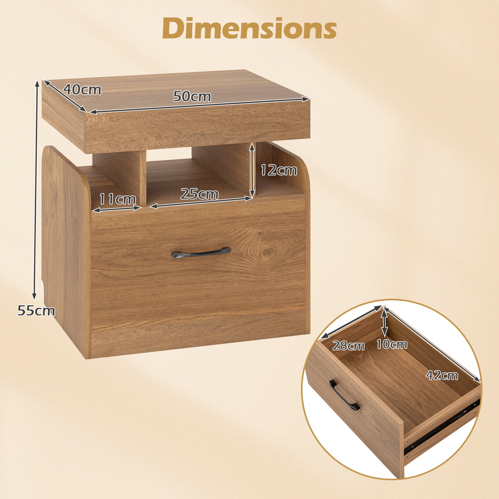 Nightstand with Charging Station with Drawer and Sliding Top Storage-Natural