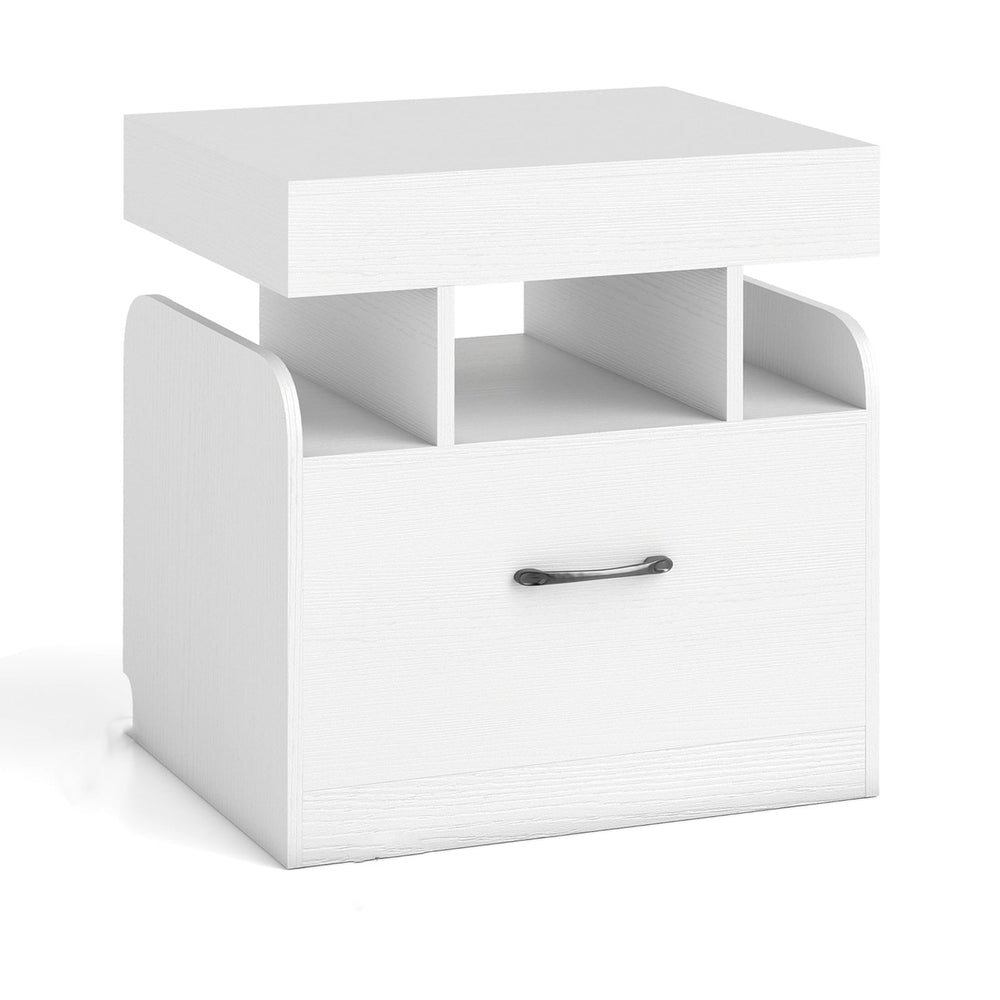 Nightstand with Charging Station with Drawer and Sliding Top Storage-White