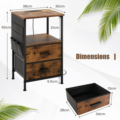 2-Piece Nightstand with Charging Station with USB Ports and Socket Outlets-Rustic Brown