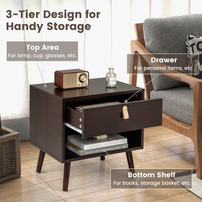 Mid-Century End Table with Open Storage Shelf for Living Room Bedroom Small Spaces-Brown