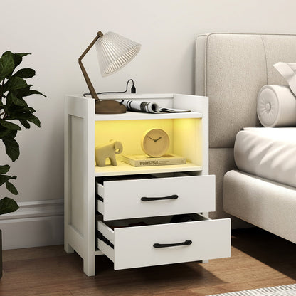Nightstand with LED Lights and Power Outlets for Living Room-White