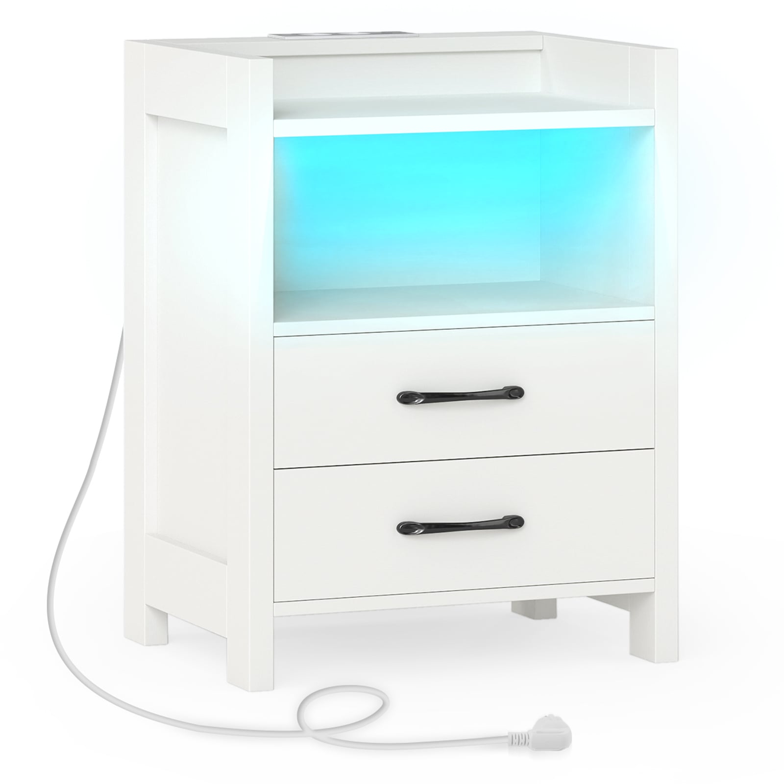 Nightstand with LED Lights and Power Outlets for Living Room-White