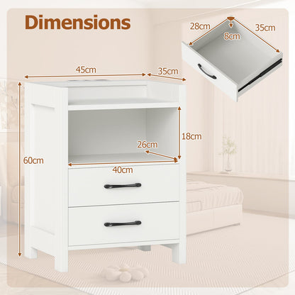 Nightstand with LED Lights and Power Outlets for Living Room-White