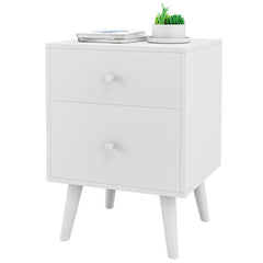 2-Drawer Nightstand with Solid Rubber Wood Legs and Large Storage Space-White