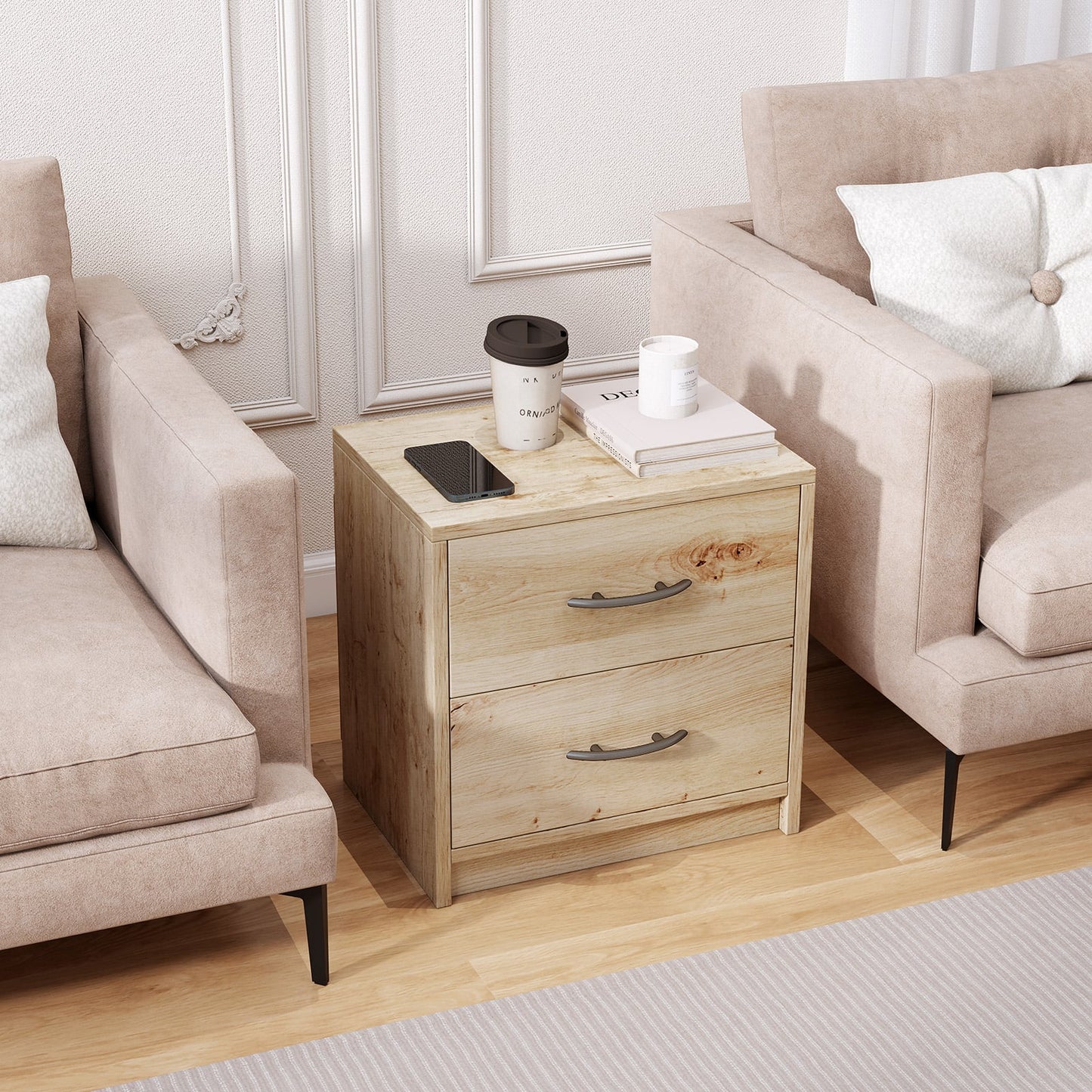 2-Drawer Nightstand with Storage for Living Room Bedroom-Oak